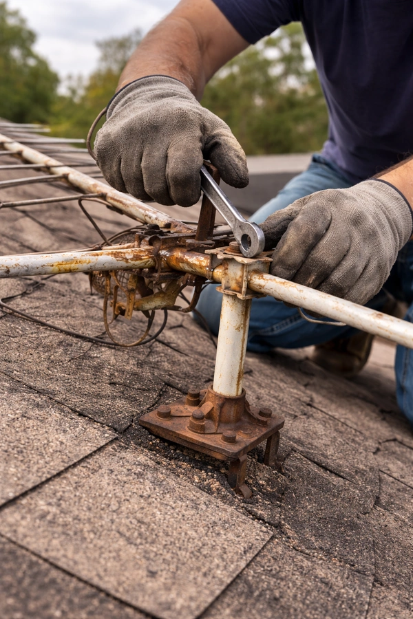 Man removing antenna from roof